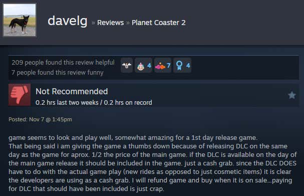 Screenshot showing Steam user reviews of Planet Coaster 2.